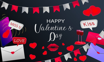 Festive 3D banner with letter envelopes, love phrases and kiss, glasses of wine, flags and smartphone. Vector illustration with symbols for Valentine's Day.
