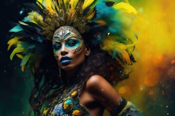 Exotic Glamour: The Brazilian Samba Queen, sensual and energetic performance, donning an extravagant costume adorned with sequins, feathers, and a burst of vibrant colors during the Rio Carnival