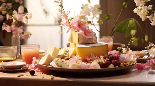  a close up of a plate of food on a table with flowers and a glass of orange juice in the background.