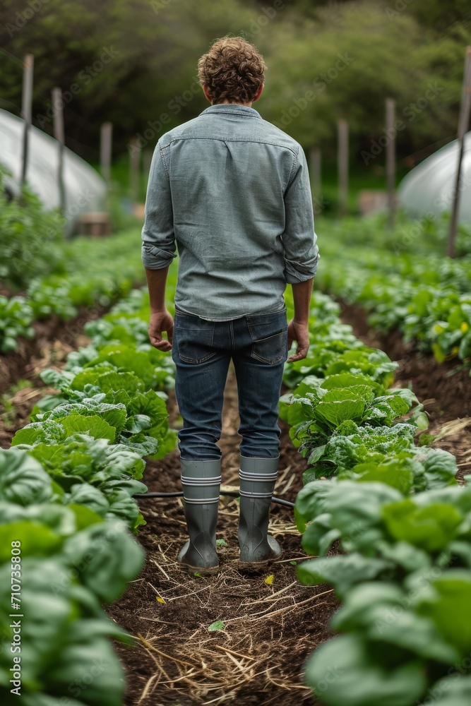 Wall mural Young farmer wearing rubber boots standing in farm