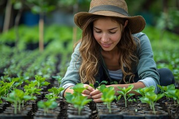 Young female farmer plants seedlings of vegetables on farm on sunny day