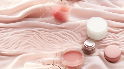  a close up of a bottle of cream and a container of lip balm on a pink sheeted surface. - obrazy, fototapety, plakaty