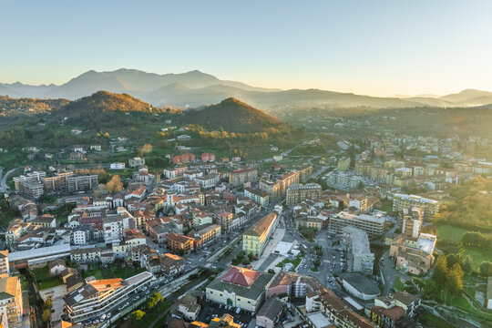 Aerial view of Atripalda, a small town surrounded by mountains near Avellino, Irpinia, Campania, Italy.