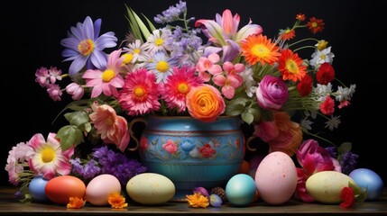  a blue vase filled with lots of colorful flowers next to eggs and flowers on top of a wooden table in front of a black background.