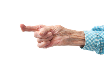 Rheumatoid polyarthritis of the hand of a 95 year old woman isolated on a white background. Crooked finger.