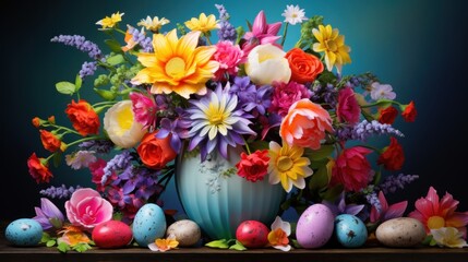 Fototapeta na wymiar a blue vase filled with lots of colorful flowers next to an assortment of painted eggs on top of a wooden table.