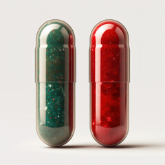 Close-up of Green and Red Pill on White Background