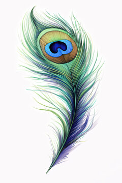 A single peacock feather isolated on a white background. Digital watercolour painting.