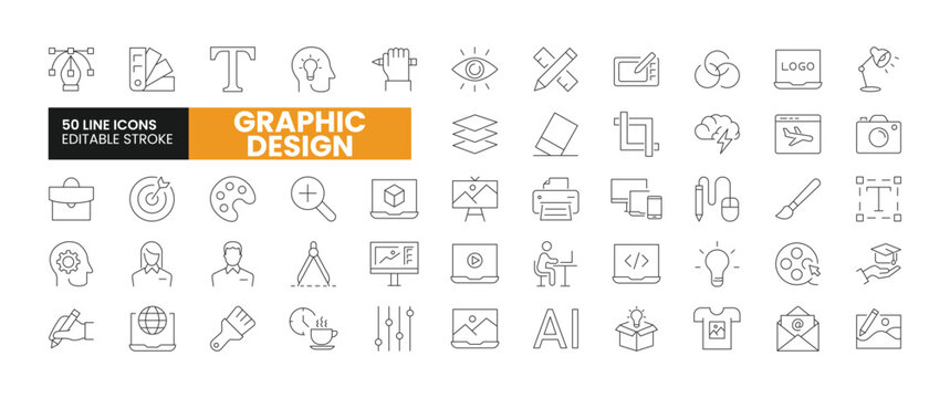 Set of 50 Graphic Design line icons set. Graphic Design outline icons with editable stroke collection. Includes Pen, Color Pallete, Artificial Intelligence, Logo, Illustration, and More.