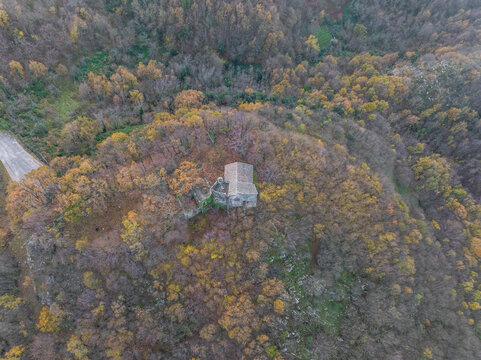 Aerial view of Madonna delle Grazie sanctuary on Mount Pergola, Solofra, Avellino, Irpinia, Campania, Italy.