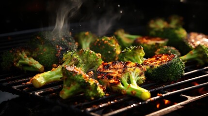  broccoli being grilled on a grill with steam coming out of the top of the broccoli.