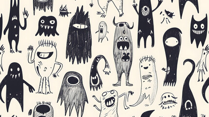 monsters Funny line hand-drawn aliens for coloring pages. Flat illustration - obrazy, fototapety, plakaty