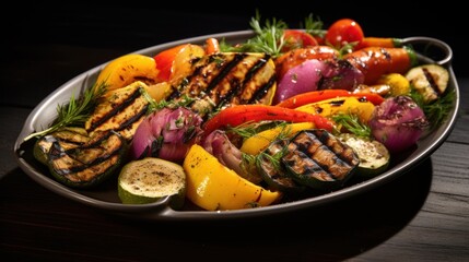  a close up of a plate of food with grilled veggies and other foods on a wooden table.