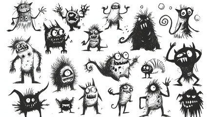 monsters Funny line hand-drawn aliens for coloring pages. Flat illustration