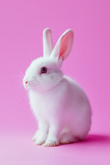 Obraz premium Cute little white rabbit sitting on pink background. 