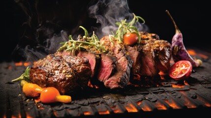  a close up of a steak on a grill with a lot of smoke coming out of the top of it.