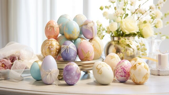  a bunch of decorated eggs sitting on a table next to a vase of flowers and a candle on a table.