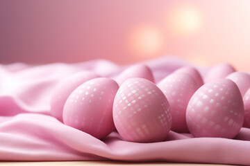 Obraz na płótnie Canvas Pastel pink Easter eggs on silk fabric, soft focus. Easter Card