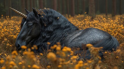 black unicorn in beautiful autumn forest, Generative Ai