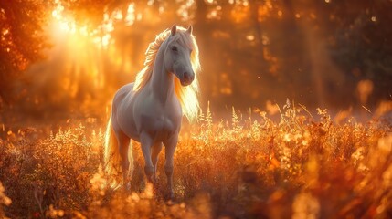 beautiful white horse in dreamlike white horse in forest, Generative Ai