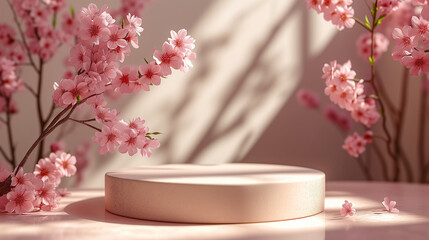 Obraz na płótnie Canvas Mable, 3D background, beige podium display. Sakura pink flower tree branch. Cosmetic or beauty product promotion step floral pedestal. Abstract minimal advertise. 3D render copy space spring mockup. 