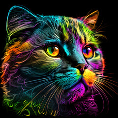 Scottish fold cat kitten kitty in abstract, graphic highlighters lines rainbow ultra-bright neon artistic portrait, commercial, editorial advertisement, surrealism. Isolated on dark background	
