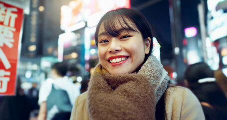 Travel, happy and face of Asian woman in the city on exploring vacation, adventure or holiday....
