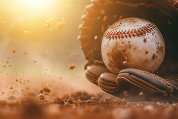 A close up of Ball of baseball and baseball grove on the playing field, Stadium, cinematic, blurred background with copy space