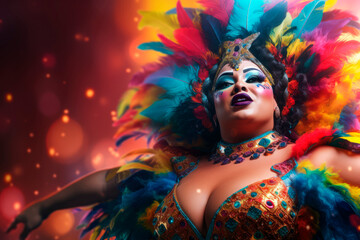 Feathers and Rhythm: Amidst the vibrant celebration of Carnival, a chubby Brazilian Samba Queen steals the show with her exuberant dance, feathers, and sequins, embodying the lively spirit of Rio