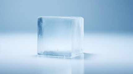  a square ice block sitting on top of a white counter top next to a light blue back drop of water.