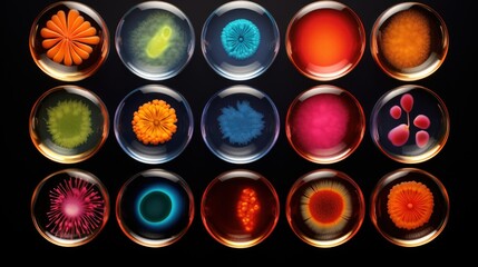  a bunch of different colored objects are in a circle on a black background  with a red, orange, yellow, blue, green, and pink