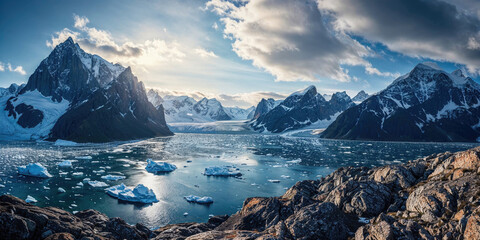 Greenlandic landscape with icebergs