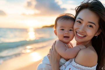 Happy asian woman holding her baby in a beautiful beach