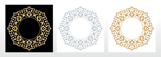 Set of decorative frames Elegant vector element for design in Eastern style, place for text. Floral black, gold and gray borders. Lace illustration for invitations and greeting cards