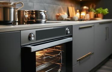 Diagonal view of built-in oven in kitchen with copy space. 
 Kitchen appliances