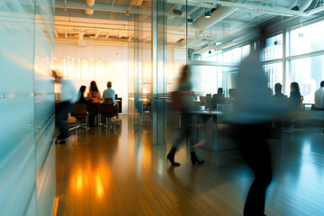 Business professionals engaged in work with dynamic motion blur  in a trendy New York office. 