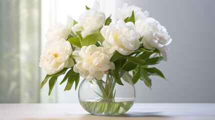 a vase filled with white flowers sitting on top of a wooden table next to a green leafy planter.