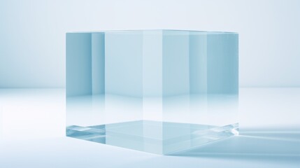  a glass block sitting in the middle of a room with a shadow on the floor and a light blue background.