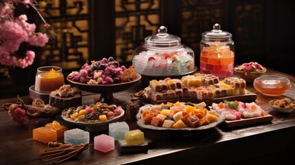 a table topped with lots of different types of desserts next to jars filled with candies and candies.