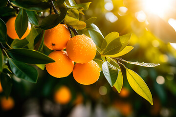 Oranges on a tree close-up, orchard, background