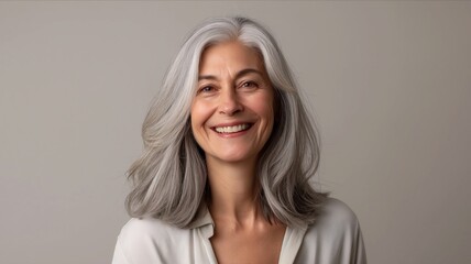 Fototapeta premium a clean studio portrait of a middle-aged caucasian woman with blond silver hair in white t-shirt looking into the camera smiling, grey background.