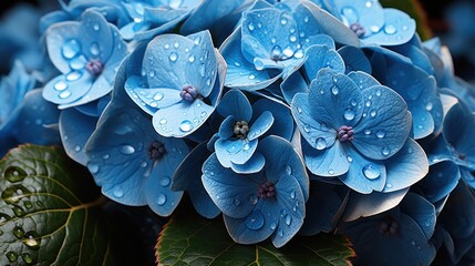  a close up of a bunch of blue flowers with drops of water on the petals and leaves on the petals. - obrazy, fototapety, plakaty