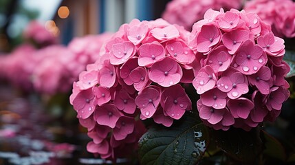  a close up of a bunch of pink flowers with drops of water on them and a building in the background.