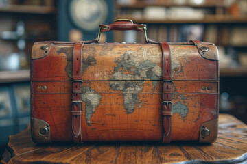 Travel suitcase with a world map design - obrazy, fototapety, plakaty
