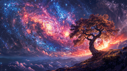 Ancient tree spreading its branches in front of a colorful cosmic sky filled with nebula and constellation of stars, fantasy landscape, abstract background in spiral composition - obrazy, fototapety, plakaty