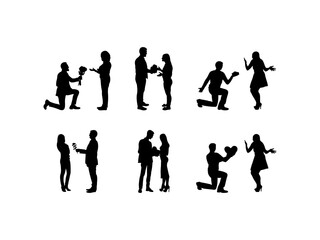 Fototapeta na wymiar Set of Man gives gift to woman Silhouette in various poses isolated on white background