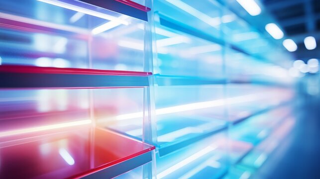 Enchanting abstract bokeh effect: blurred background of shelving unit in a supermarket with illuminating lights – commercial interior photography