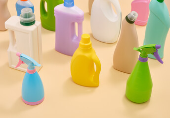 Colorful bottles and dispensers of cleaning and detergent. Cleaning products.