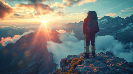 Adventure Awaits: A backpacker silhouetted against a breathtaking mountain panorama, with sunlight piercing through the clouds. 