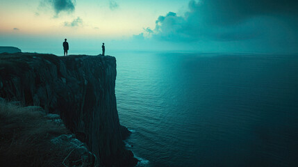 Cliffside Contemplation: A lone figure silhouetted against the horizon, gazing out at the vast...